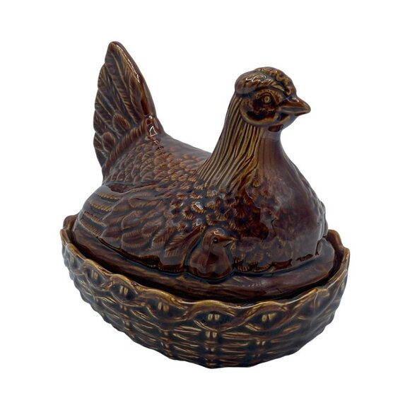 Vintage Portmeirion (?) Ceramic Hen on Nest w/2 Chicks Size 3-Medium MCM Brown - Picture 4 of 13